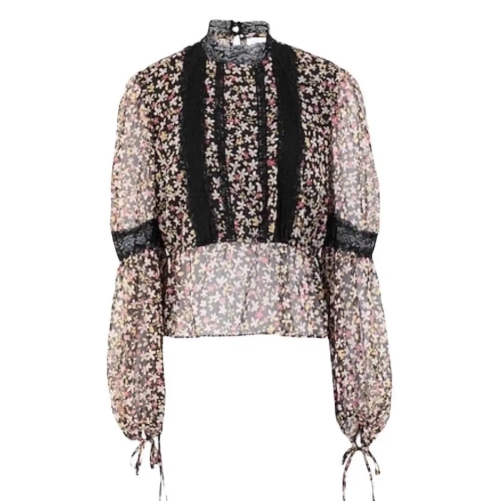 TopShop | lSheer black with floral and lace Blouse | Collar & bell sleeves